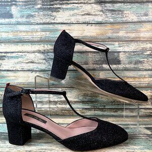 SJP Sarah Jessica Parker T-Strap Pump Womens 6.5-7/37 Black Glitter Dress Shoe